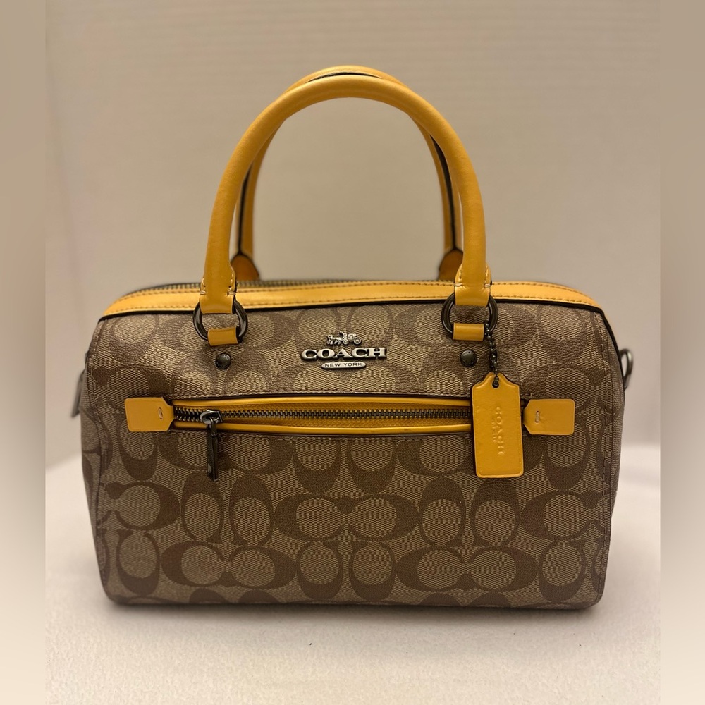 Coach Brown Signature Satchel with Yellow Trim